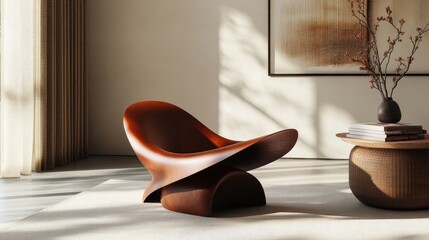 Poster - A sleek abstract sculpture in rust-toned metal, with smooth, organic curves and minimalist aesthetic, creating a stunning modern art focal point.