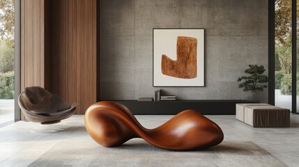 Poster - A sleek abstract sculpture in rust-toned metal, with smooth, organic curves and minimalist aesthetic, creating a stunning modern art focal point.