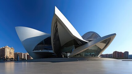 Poster - A sleek and modern building with geometric shapes, contrasting beautifully against the bright clarity of the blue sky.