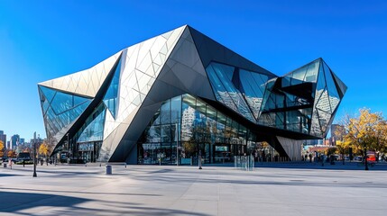 Poster - A sleek and modern building with geometric shapes, contrasting beautifully against the bright clarity of the blue sky.