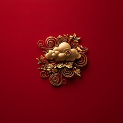 Poster - Ornate Intricately Designed Golden Swirls Leaves and Floral Elements on a Vibrant Red Background   Elegant Chinese Inspired Digital Artwork with a Contemporary Luxurious Aesthetic