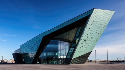 Poster - A striking modern geometric architectural building standing tall against a clear blue sky, highlighting bold lines and contemporary design.