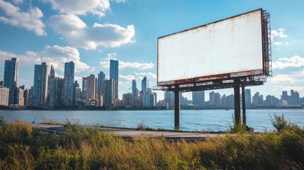 Poster - A striking view of an urban skyline with a large blank billboard over the waterfront, offering a blend of modern architecture and space for creative advertisements.