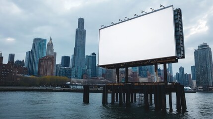 Poster - A striking view of an urban skyline with a large blank billboard over the waterfront, offering a blend of modern architecture and space for creative advertisements.