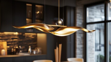 Poster - A stunning gold light fixture featuring an elegant, modern design with curved lines, providing warm light for a cozy, refined ambiance.