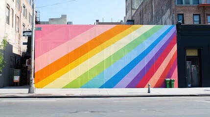 Wall Mural - A stunning rainbow wall art installation brightens the urban street corner, adding artistic flair and vivid color to the surroundings.