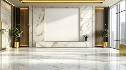 Poster - A stylish marble room with a blank canvas and gold detailing, offering a sophisticated setting for modern art and interior design.