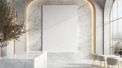 Poster - A stylish marble room with a blank canvas and gold detailing, offering a sophisticated setting for modern art and interior design.