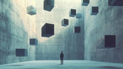 Aufkleber - A surreal image of floating geometric blocks around an abstract concrete structure, with a silhouette of a figure standing in the foreground