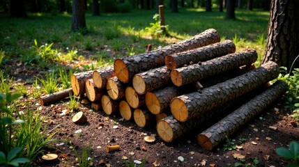 Aufkleber - A neatly stacked pile of freshly cut logs rests on the forest floor, bathed in sunlight
