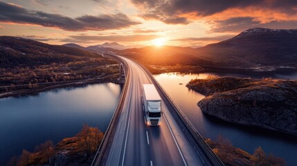 Poster - A truck journeying across a river bridge during sunset, framed by a stunning sky and beautiful surroundings, evoking a sense of freedom and adventure.