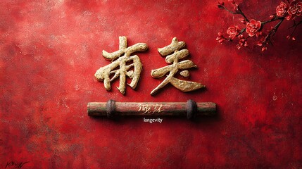 Poster - Vibrant Chinese calligraphy brush and antique wooden scroll resting on a vivid vermilion red background showcasing the timeless elegance and cultural heritage of traditional Asian art