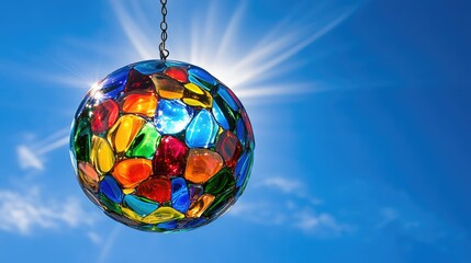 Poster - A vibrant piece of hanging glass art with multicolored reflections, set against the deep blue sky, perfect for showcasing creativity and color.