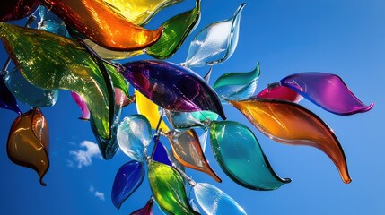 Poster - A vibrant piece of hanging glass art with multicolored reflections, set against the deep blue sky, perfect for showcasing creativity and color.