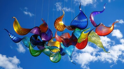 Poster - A vibrant piece of hanging glass art with multicolored reflections, set against the deep blue sky, perfect for showcasing creativity and color.