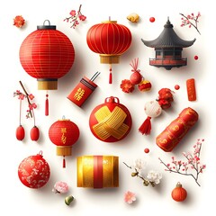 Poster - Vibrant Chinese New Year with Traditional Red Lanterns Sakura Blossoms and Other Auspicious Symbolizing Prosperity Joy and Cultural Heritage