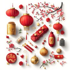 Poster - Colorful and vibrant Chinese New Year with traditional red lanterns floral like peony branches and auspicious symbols like gold gifts candles and scrolls  Representing the joy luck