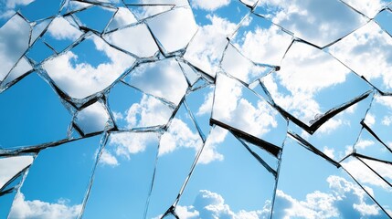 Poster - Abstract composition of cracked mirror fragments arranged on a white surface, reflecting the expansive sky, evoking a sense of broken beauty.