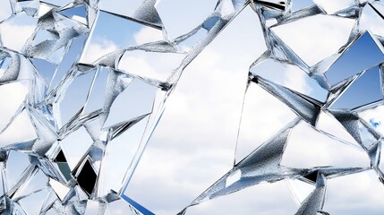Poster - Abstract composition of cracked mirror fragments arranged on a white surface, reflecting the expansive sky, evoking a sense of broken beauty.
