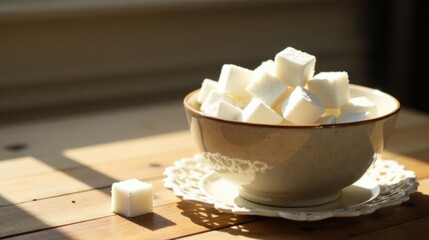 Aufkleber - A bowl of refined sugar cubes sits on a wooden surface, bathed in sunlight. A single cube rests nearby.