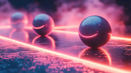 Poster - vibrant scene featuring glowing spheres on reflective surface, creating surreal atmosphere