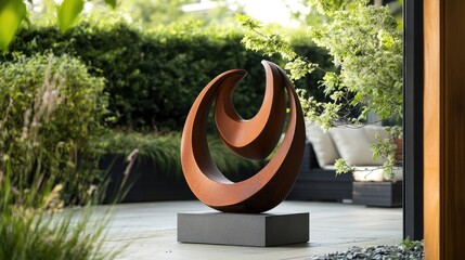 Poster - An abstract sculpture with elegant curves and minimalist design in rust-toned metal, offering a striking modern art piece with organic forms.
