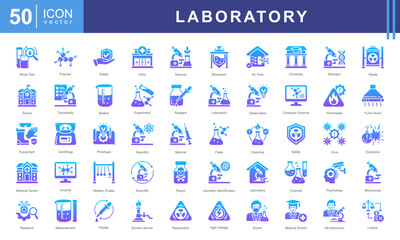 Wall Mural - Laboratory icon set of lab, university, microscope, hospital, school, medical, innovation, safety, clinic, physics, scientific, cell, poison, experiment, equipment, crime, beaker, chemist, flammable.