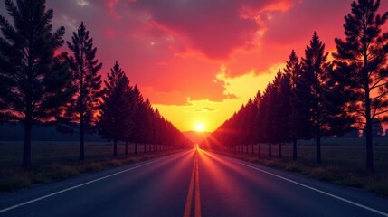Poster - Asphalt road lined with trees at sunset, leading towards a vibrant horizon