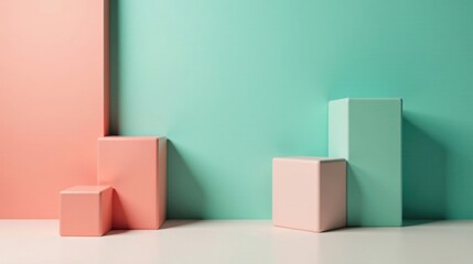 Poster - Pastel-Colored Cubes Against a Two-Tone Background, Ideal for Product Display or Modern Minimalist Design