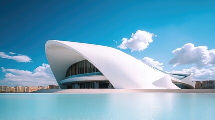 Poster - An eye-catching modern geometric architecture with sharp, clean lines, creating a powerful contrast against the vibrant blue sky above.