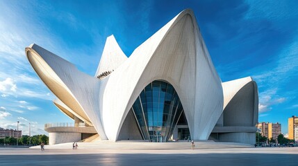 Poster - An eye-catching modern geometric architecture with sharp, clean lines, creating a powerful contrast against the vibrant blue sky above.
