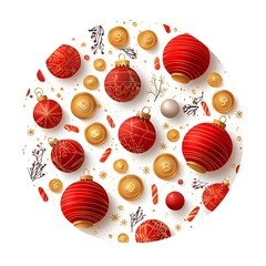 Poster - Stylish holiday composition with shiny red Christmas balls baubles and other decorative elements arranged in a creative abstract pattern on a white background