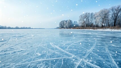 Poster - A frozen lake with snow on the ground and trees in the background