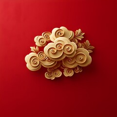 Poster - Intricate golden papercraft cloud like ornament with sweeping curly swirls and spirals set against a bold vibrant red background