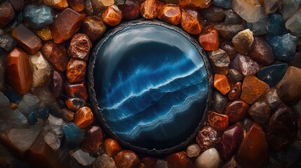 Poster - Beautiful blue onyx stone surrounded by a border of warm, earthy gemstones, highlighting its intricate patterns and vibrant colors.