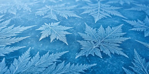 Poster - A blue background with a pattern of frozen leaves
