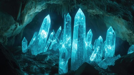 Poster - Blue crystals glowing in the darkness of an underground mine tunnel, creating a captivating and magical ambiance in the deep underground world.