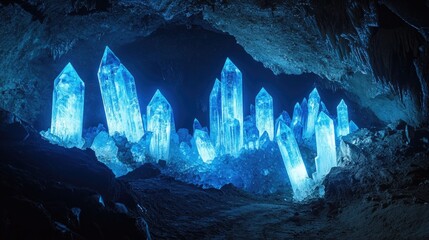 Poster - Blue crystals glowing in the darkness of an underground mine tunnel, creating a captivating and magical ambiance in the deep underground world.