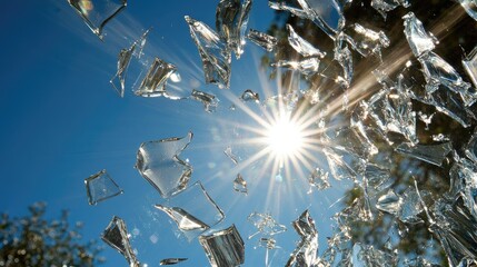 Poster - Broken glass fragments sparkling in the sunlight, set against a brilliant blue sky, offering a dynamic and abstract visual contrast.