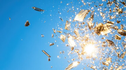 Poster - Broken glass fragments sparkling in the sunlight, set against a brilliant blue sky, offering a dynamic and abstract visual contrast.