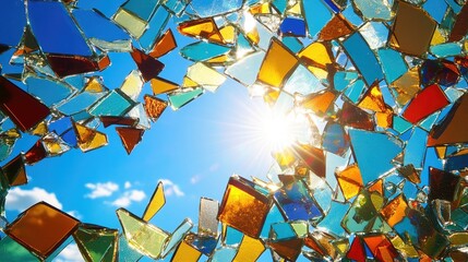Poster - Broken glass pieces scattered, catching sunlight, set against the vivid blue sky, forming an abstract and radiant scene.
