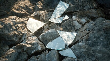Poster - Broken mirror shards scattered across rough rocks, creating a striking contrast between reflective symbolism and natural texture.