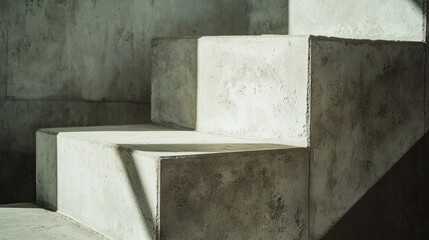 Poster - Close-up of a minimalist concrete cube arrangement, where shadows cast a dramatic and abstract geometric effect on the surface beneath.
