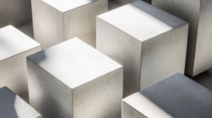 Poster - Close-up of a minimalist concrete cube arrangement, where shadows cast a dramatic and abstract geometric effect on the surface beneath.