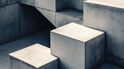 Poster - Close-up of a minimalist concrete cube arrangement, where shadows cast a dramatic and abstract geometric effect on the surface beneath.