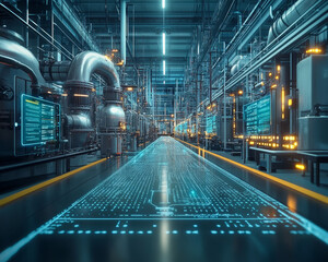 Poster - Futuristic industrial plant with interconnected systems and digital displays