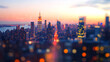 © Raja - Blurry network interface with arrows pointing up over New York city panorama background. Concept of smart city and internet connection.