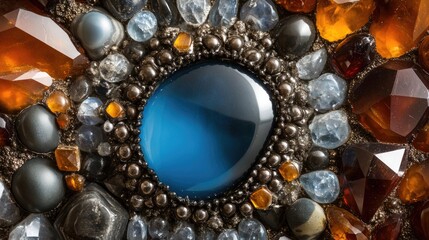 Poster - Elegant blue onyx surrounded by a border of rich, earthy gemstones, emphasizing the contrast between cool and warm tones.