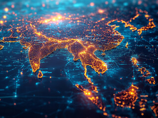 Poster - digital map of Southeast Asia with glowing nodes and connections