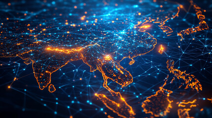 Poster - digital map of Southeast Asia with glowing network connections and nodes
